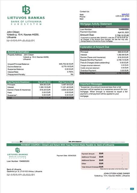 Download Lithuania Bank of Lithuania mortgage statement Word and PDF template Photoshop template